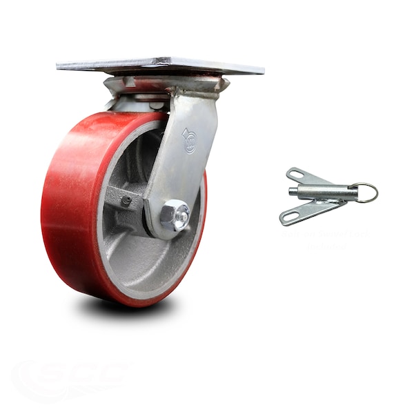 6 Inch Red Poly on Cast Iron Caster with Ball Bearing and Swivel Lock SCC